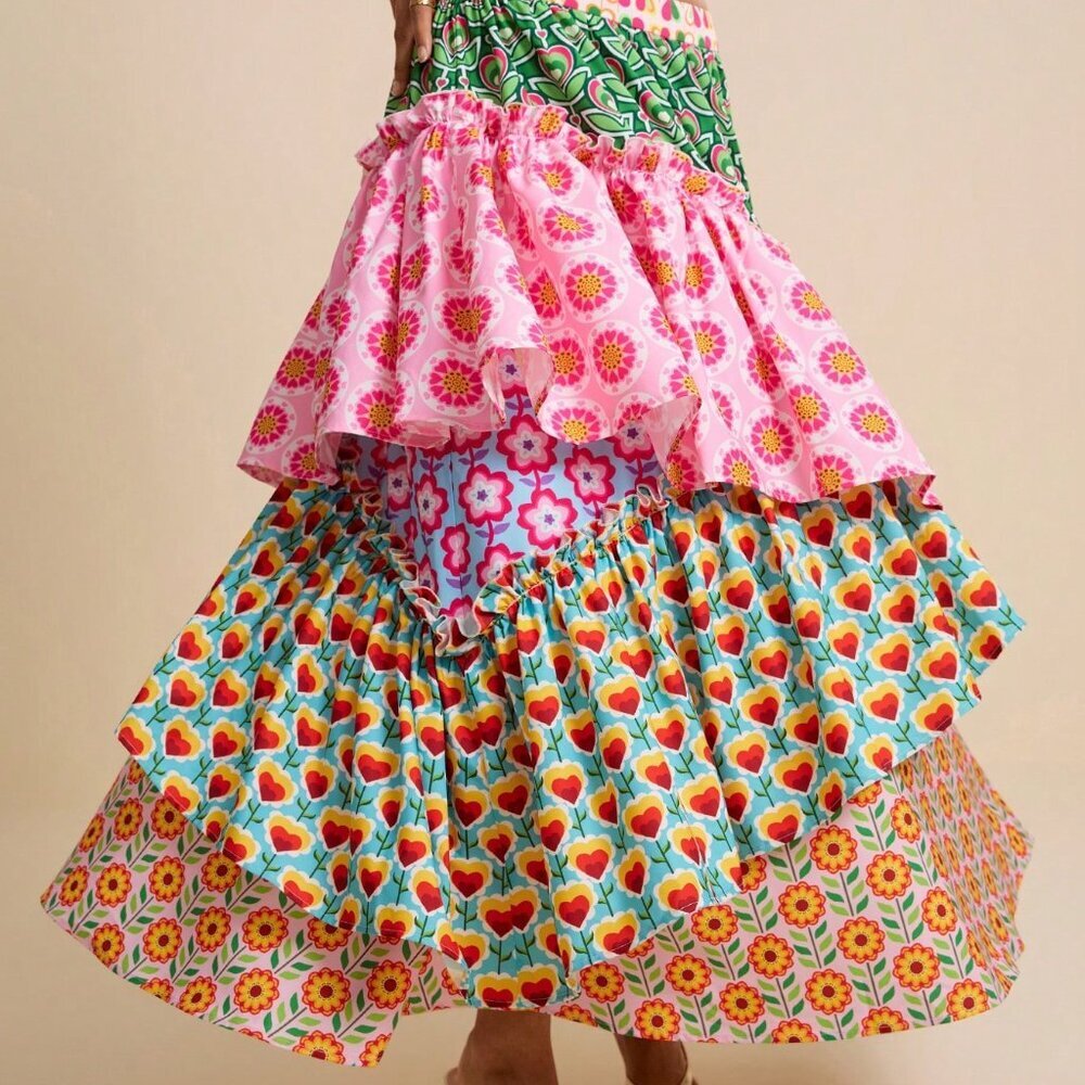 Multicolor Boho Women's Patchwork Asymmetric A-Line Floral Tiered Skirt - Picture 3 of 7